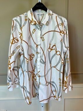 Chico's Button Down Blouse 4 US 20 White Riding Horses Equestrian Office